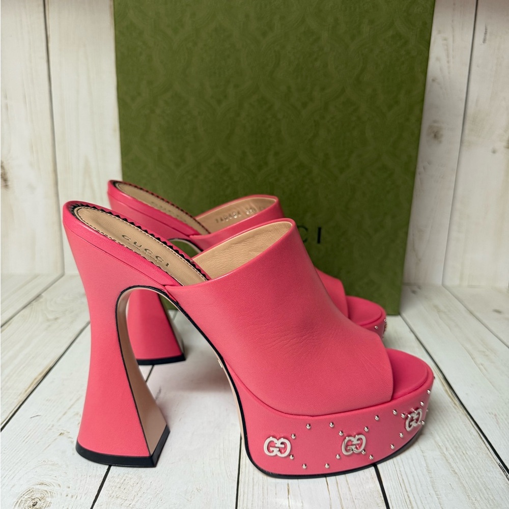 Gucci Malaga Kid Janaya Platform Leather Sandals Rhodamine Pink Sz 39.5 / 9.5 - Picture 3 of 16